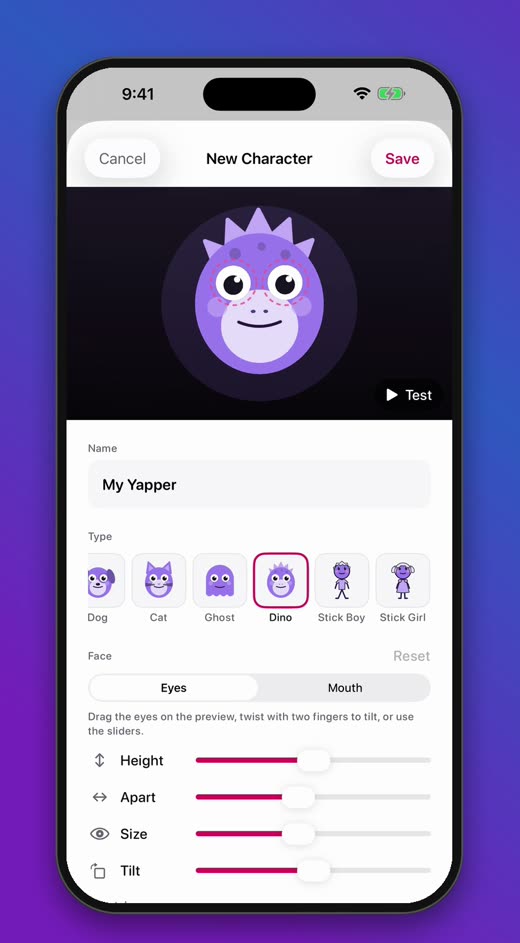 The character builder with a purple ghost and a row of character types