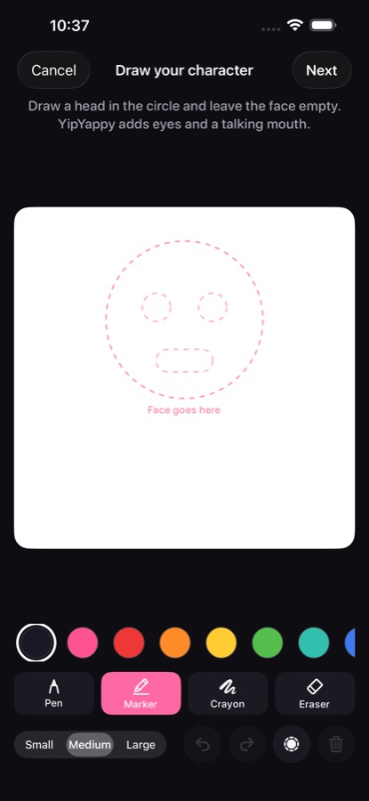 YipYappy's drawing screen with a dashed face guide on white paper and crayon tools